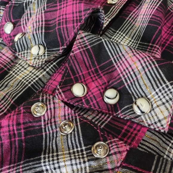 Adiktd Women's Plaid Pearl Snap Western Lace Trimmed Embellished Rodeo Shirt L - Picture 9 of 12